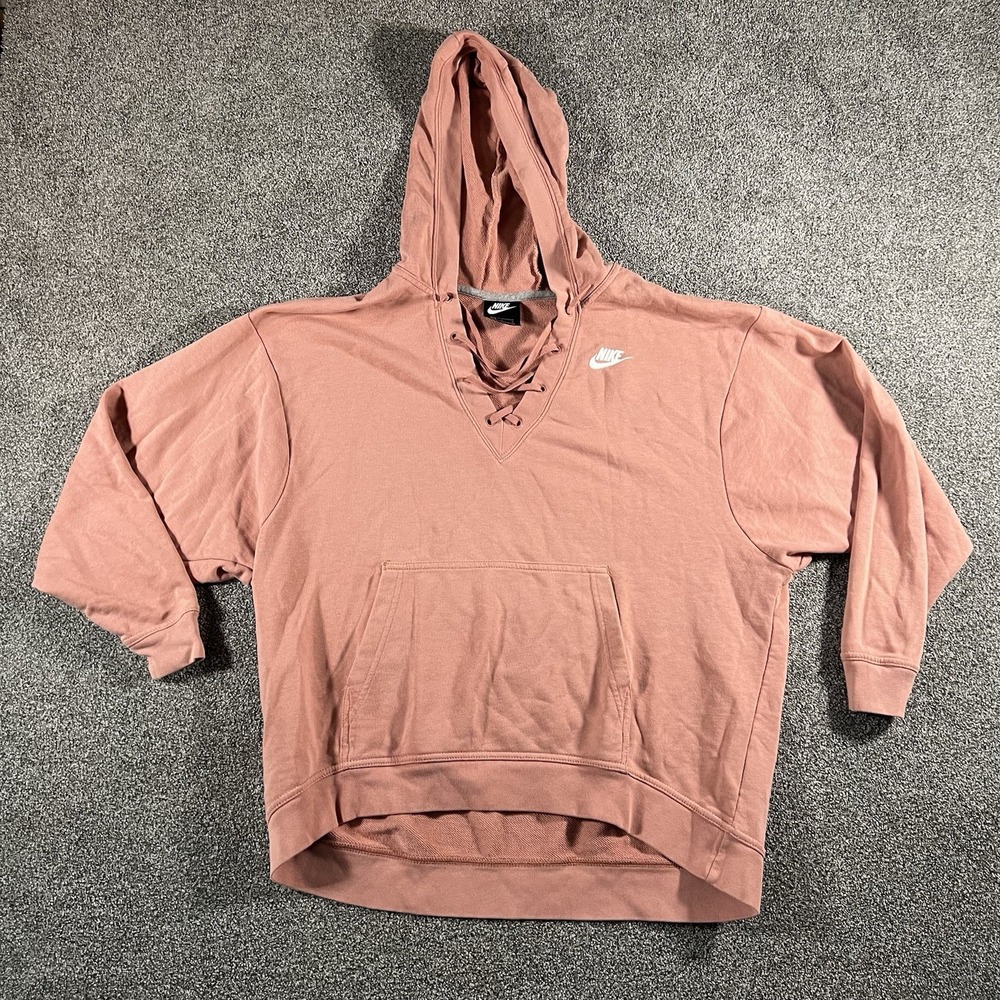 Nike Womens Large Lace Up Hoodie Pullover Salmon Pink Swoosh Casual